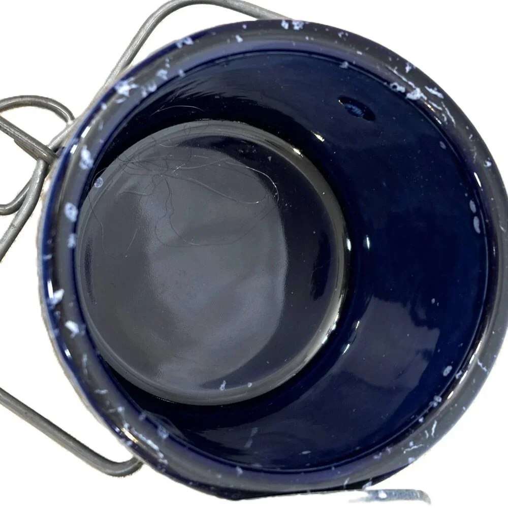 * Stoneware Cheese Butter Crock Jar wire Bail Lid Speckled Cobalt Blue Vintage